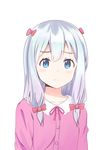  arms_at_sides bangs blue_eyes blush bow closed_mouth collarbone commentary eromanga_sensei eyebrows_visible_through_hair hair_bow highres izumi_sagiri long_hair looking_at_viewer noven official_style pajamas pink_bow silver_hair simple_background solo upper_body white_background 
