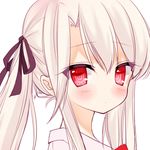  bad_id bad_pixiv_id bangs black_ribbon blonde_hair blush close-up closed_mouth commentary_request eyebrows_visible_through_hair fate/kaleid_liner_prisma_illya fate_(series) from_side hair_between_eyes hair_ribbon highres illyasviel_von_einzbern long_hair looking_at_viewer mimelond platinum_blonde_hair red_eyes ribbon sidelocks simple_background solo twintails upper_body white_background white_hair 