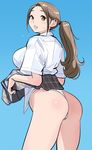  ass breasts brown_eyes brown_hair dress_shirt dytm highres large_breasts lifted_by_self long_hair looking_back original panties parted_lips ponytail pool_monitor_part-timer_(dytm) school_uniform shirt solo sweatdrop thong underwear white_panties white_shirt 