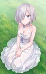  1girl artist_request bangs blue_eyes blush breasts cleavage closed_mouth collarbone dress field girl grass grey_hair happy large_breasts looking_at_viewer outside pale_skin short_hair simple_background sitting sleeveless smile solo teen teenager thighs transparent white_dress 