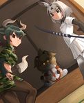  :&lt; animal_ears arabian_oryx_(kemono_friends) aurochs_(kemono_friends) black_eyes black_hair black_legwear black_shirt blonde_hair breast_pocket breasts brown_eyes camouflage camouflage_shirt camouflage_skirt clenched_hand closed_mouth collared_shirt commentary cow_ears cow_tail crop_top dark_skin dot_nose dutch_angle eyebrows eyebrows_visible_through_hair eyelashes from_behind from_side fur_collar glowing glowing_eyes gradient_legwear grey_legwear hair_between_eyes hands_on_legs holding holding_weapon horn_lance horns indian_style indoors kemono_friends kumo955 large_breasts lion_(kemono_friends) lion_ears lion_tail long_sleeves looking_at_viewer looking_back mane medium_breasts medium_hair multicolored multicolored_clothes multicolored_hair multicolored_legwear multiple_girls necktie orange_neckwear oryx_ears oryx_tail pantyhose pencil_skirt plaid plaid_neckwear pleated_skirt pocket polearm red_neckwear red_skirt shirt short_hair short_over_long_sleeves short_sleeves side_slit sitting skirt sleeve_cuffs sliding_doors small_breasts tail tatami thighhighs tsurime two-tone_legwear v-shaped_eyebrows wavy_hair weapon white_hair white_legwear white_shirt white_skirt wing_collar yellow_eyes 