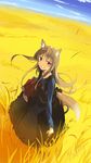  absurdres animal_ears brown_hair fang field from_above from_side highres holo horizon long_hair looking_at_viewer open_mouth red_eyes seu_kaname signature smile solo spice_and_wolf standing tail wheat wheat_field wolf_ears wolf_tail 