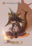  black_legwear breasts broken_horn brown_background character_name closed_eyes dark_souls den_(zeroshiki) dragon_tail english everlasting_dragon fire full_body glasses highres horn indian_style kemono_friends lens_flare long_sleeves medium_breasts navel open_mouth pantyhose personification rimless_eyewear silhouette sitting sleeping solo souls_(from_software) sword tail weapon 