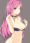  bangs bare_arms bare_shoulders black_bra blush bra breasts cleavage closed_mouth collarbone detached_collar eyebrows_visible_through_hair fingernails grey_background hair_between_eyes hands_up highres large_breasts long_hair looking_at_viewer navel neck_ribbon original pink_eyes pink_hair pon_(shind_997) ribbon shiny shiny_hair sidelocks simple_background smile solo swept_bangs underwear yellow_neckwear yellow_ribbon 
