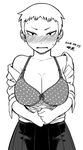  blush bra breasts character_request cleavage dated ear_blush earrings embarrassed greyscale jewelry large_breasts looking_at_viewer monochrome original short_hair simple_background solo tsukudani_(coke-buta) underwear white_background 