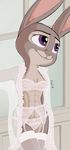  2017 :3 abs anthro breasts cleavage clothed clothing disney female garter_belt garter_straps judy_hopps lagomorph legwear lingerie mammal muscular muscular_female rabbit signature smile solo stockings tggeko translucent transparent_clothing zootopia 