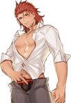  clenched_hand granblue_fantasy hair_slicked_back hand_in_underwear highres long_sleeves male_focus male_pubic_hair mixivsky navel nipples pectorals percival_(granblue_fantasy) pubic_hair red_eyes red_hair shirt solo sweat white_background white_shirt 