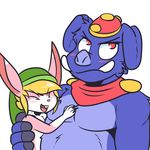  anthro blush cape clothing crackers embarrassed embrace eyes_closed fur ganon hair hand_on_chest hat humanoid lagomorph link_(rabbit_form) male male/male mammal nintendo open_mouth pig porcine rabbit red_eyes simple_background size_difference smile standing the_legend_of_zelda video_games 