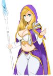  blonde_hair blue_eyes breasts hood jaina_proudmoore long_hair medium_breasts midriff saruton simple_background solo staff thighs warcraft white_background 