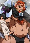  armor body_hair bulge cape chernobog clothing facial_hair horn male muscular muscular_male otukimi0808 snow speedo swimsuit tokyo_afterschool_summoners unconvincing_armor 