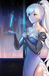  absurdres blue_eyes breasts china_dress chinese_clothes cleavage detached_sleeves dress earrings highres holding holding_sword holding_weapon jewelry left-handed long_hair medium_breasts no_scar reflection rwby side_ponytail side_slit solo sword tiara weapon weiss_schnee white_hair window zhao_shixuan 