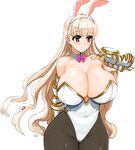  animal_ears arm_behind_back bare_shoulders blonde_hair breasts bunny_ears bunnysuit cleavage covered_navel curvy eiyuu_senki fingerless_gloves gloves hips huge_breasts light_smile long_hair pantyhose pink_eyes saruton simple_background sir_percival_(eiyuu_senki) solo very_long_hair white_background wide_hips 