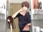  1boy 1girl ahoge bathroom black_shirt brother_and_sister brown_eyes brown_hair brushing_teeth commentary_request grey_shirt highres honryou_wa_naru lifted_by_self long_hair messy_hair mirror original pants reflection scratching shirt shirt_lift short_hair siblings toothbrush translation_request upper_body 