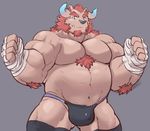  body_hair bulge chernobog clothing facial_hair horn knee_high_socks male musclechub muscular muscular_male simple_background solo speedo swimsuit tokyo_afterschool_summoners 