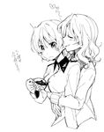  blush cup darjeeling girls_und_panzer greyscale hug hug_from_behind jacket kay_(girls_und_panzer) long_hair military military_uniform monochrome multiple_girls myama saunders_military_uniform short_hair smile st._gloriana's_military_uniform teacup uniform 