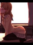  1girl ass bangs black_legwear book bookshelf bow bowtie brown_hair chromatic_aberration commentary_request curtains desk from_side glasses highres indoors kiss kunikida_hanamaru letterboxed long_hair long_sleeves love_live! love_live!_sunshine!! miniskirt nasuno_(nasuno42) on_desk out-of-frame_censoring pantyhose pleated_skirt red-framed_eyewear school_uniform semi-rimless_eyewear sitting sitting_on_desk skirt solo under-rim_eyewear uranohoshi_school_uniform window yellow_cardigan yellow_neckwear 