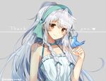  aqua_ribbon bangs bird bird_on_hand blush braid closed_mouth commentary_request eyebrows_visible_through_hair grey_background hair_ribbon hand_up lace lace-trimmed_ribbon light_smile long_hair looking_at_viewer mishima_kurone original ponytail ribbon shirokami_project simple_background smile solo thank_you tierra_azur tress_ribbon twitter_username upper_body very_long_hair 