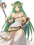  1girl armlet bangle bare_shoulders blush bracelet breasts choker circlet cleavage closed_mouth dress female gem green_eyes green_hair half-closed_eyes hands_up happy highres holding holding_staff j@ck jewelry kid_icarus lips long_hair matching_hair/eyes medium_breasts necklace nintendo no_panties palutena shield shiny shiny_hair shiny_skin side_slit simple_background single_thighhigh smile solo staff standing strapless strapless_dress thighhighs vambraces very_long_hair white_background white_dress white_legwear yellow_choker 