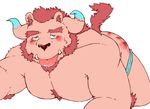  blush body_hair butt chernobog drooling facial_hair horn jumperbear male muscular muscular_male saliva simple_background solo spanking tears tokyo_afterschool_summoners tongue tongue_out white_background 