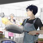  apron black_hair brown_eyes closed_eyes cooking food frying_pan glasses hair_over_one_eye katsuki_yuuri kitchen male_focus multiple_boys open_mouth refrigerator silver_hair smile spatula stool stove viktor_nikiforov you_(gay322k) yuri!!!_on_ice 