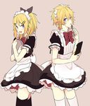  1girl akiyoshi_(tama-pete) apron blonde_hair blue_eyes bow bowtie clipboard crossdressing frills hair_ornament hairclip headdress holding holding_tray kagamine_len kagamine_rin maid maid_headdress medium_hair open_mouth pen pink_background short_hair smile thighhighs tray vocaloid waist_apron 