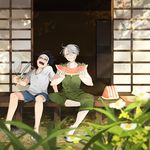  =_= black_hair blue-framed_eyewear blurry closed_eyes daisy depth_of_field eating fan flower food food_on_face fruit glasses grass hot japanese_clothes katsuki_yuuri male_focus multiple_boys open_mouth paper_fan sandals shorts silver_hair sitting sliding_doors summer uchiwa viktor_nikiforov watermelon wind_chime you_(gay322k) yuri!!!_on_ice 