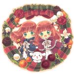  2girls :d animal bangs blush bow capelet christmas christmas_ornaments closed_mouth clothed_animal dot_nose fur- green_eyes highres holding long_sleeves looking_at_viewer multiple_girls open_mouth orange_hair original short_hair smile suzuri_(suzurityan) tareme very_short_hair 