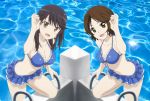  2girls bare_legs bikini bikini_skirt black_hair blue_bikini blue_ribbon breasts brown_eyes brown_hair hand_in_hair ichijou_hotaru large_breasts long_hair looking_at_viewer medium_breasts multiple_girls non_non_biyori pool ribbon sawabe_tsubaki shigatsu_wa_kimi_no_uso short_hair swimsuit 