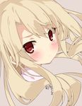  bad_id bad_pixiv_id bangs blonde_hair blush close-up closed_mouth commentary_request eyebrows_visible_through_hair fate/kaleid_liner_prisma_illya fate_(series) floating_hair from_side grey_background highres illyasviel_von_einzbern long_hair looking_at_viewer looking_back mimelond red_eyes simple_background solo twitter_username upper_body 