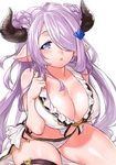  bikini blue_eyes breasts double_bun draph front-tie_bikini front-tie_top granblue_fantasy hair_over_one_eye horns huge_breasts long_hair looking_at_viewer narmaya_(granblue_fantasy) onsoku_maru pointy_ears purple_hair side-tie_bikini simple_background single_thighhigh sitting solo swimsuit thighhighs white_background white_bikini 