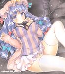  artist_name bangs blue_bow blue_ribbon blunt_bangs blush bow breasts covered_nipples crescent dress hair_bow hat hat_ribbon large_breasts long_hair long_sleeves looking_at_viewer lying marker_(medium) mob_cap mugicha_(mugicha0929) on_back pajamas patchouli_knowledge purple_eyes purple_hair red_bow red_ribbon ribbon short_dress solo striped thighhighs thighs touhou traditional_media twitter_username vertical-striped_dress vertical_stripes white_legwear 