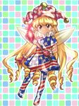  adapted_costume bangs blonde_hair closed_eyes clownpiece dress drill_hair fairy_wings fire full_body gloves hat jester_cap komame_(st_beans) long_hair looking_at_viewer neck_ruff pantyhose pink_eyes pink_gloves polka_dot short_dress short_sleeves solo star star_print striped torch touhou unmoving_pattern very_long_hair wings wrist_cuffs 