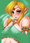  1boy alternate_costume blonde_hair blush crossdressing erect_nipples gerudo_link green_eyes lilysick link lips pointy_ears solo sweat the_legend_of_zelda the_legend_of_zelda:_breath_of_the_wild trap 