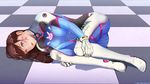  acronym animal_print bangs bodysuit bracer breasts brown_eyes brown_hair bunny_print checkered checkered_background checkered_floor clothes_writing d.va_(overwatch) facepaint facial_mark fetal_position full_body gloves headphones hibal high_collar highres long_hair looking_at_viewer lying medium_breasts on_floor on_side open_mouth overwatch pilot_suit pink_lips ribbed_bodysuit shadow shoulder_pads skin_tight solo swept_bangs watermark web_address whisker_markings white_gloves 