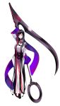  1girl black_hair commentary eighth_note expressionless full_body highres long_hair looking_at_viewer multicolored_hair musical_note neon_trim original red_eyes red_hair scythe shoulder_cutout solo straight_hair streaked_hair tsuki-shigure very_long_hair white_background wide_sleeves 