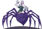  absurdres arachne breasts claws commentary cosplay crossover extra_eyes formal frank_araya gloves gyakuten_saiban highres insect_girl karuma_mei karuma_mei_(cosplay) large_breasts lavender_hair monster_girl monster_musume_no_iru_nichijou multiple_legs rachnera_arachnera red_eyes short_hair smile spider_girl suit whip 