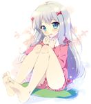  bangs barefoot blue_eyes blush bow commentary_request embarrassed eromanga_sensei eyebrows_visible_through_hair feet floral_background frills full_body grey_hair hair_bow izumi_sagiri knees_up legs legs_together long_hair long_sleeves looking_at_viewer mikeou open_mouth pajamas pink_bow silver_hair sitting sitting_on_pillow soles solo thighs toes 