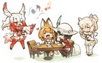  ^_^ alpaca_ears alpaca_suri_(kemono_friends) animal_ears backpack bag bird_tail bird_wings black_hair black_legwear blonde_hair blush brown_eyes chair chibi closed_eyes closed_mouth cup extra_ears frilled_sleeves frills full_body gloves hair_over_one_eye hat hat_feather head_wings helmet holding itsuki_tasuku japanese_crested_ibis_(kemono_friends) kaban_(kemono_friends) kemono_friends long_hair long_sleeves multiple_girls music open_mouth outstretched_arms pantyhose pith_helmet plate red_gloves red_hair red_legwear red_shirt serval_(kemono_friends) serval_ears serval_print serval_tail shirt short_sleeves shorts simple_background singing sitting smile standing table tail teacup tray white_background white_hair wings 