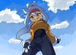  artist_request ashe_(rockman) blue_hair bodysuit breasts gloves green_eyes large_breasts long_hair ponytail rockman rockman_zx rockman_zx_advent solo source_request 