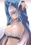  ahoge arms_up belt blush braid breasts buckle cleavage collarbone gradient gradient_background granblue_fantasy jacket large_breasts long_hair midriff natsuhiko open_clothes open_jacket silva_(granblue_fantasy) silver_hair solo yellow_eyes 