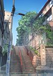  anime_location anonamos commentary day english_commentary highres kimi_no_na_wa no_humans power_lines scenery shinjuku stairs translation_request tree wire_fence 