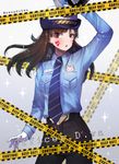  alternate_costume animal_print bangs belt belt_buckle black_neckwear black_pants blue_shirt blush breast_pocket breasts brown_eyes brown_hair buckle bunny_print buttons caution_tape character_name collared_shirt cowboy_shot d.va_(overwatch) eyebrows_visible_through_hair eyelashes facepaint female_service_cap gloves gun hanato_(seonoaiko) hand_up handgun hat heroes_of_the_storm holding holding_gun holding_weapon keep_out legs_apart long_hair long_sleeves medium_breasts necktie officer_d.va overwatch pants pistol pocket police police_hat police_uniform policewoman shirt solo uniform weapon whisker_markings white_gloves wing_collar 