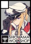  adjusting_clothes adjusting_hat black_border black_gloves blonde_hair border circle_cut circle_name commentary_request gloves graf_zeppelin_(kantai_collection) hat hat_over_one_eye highres jpeg_artifacts kantai_collection ladic long_hair peaked_cap purple_eyes sidelocks solo 