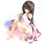  arikawa_satoru bare_legs bare_shoulders barefoot black_hair blush cherry_blossoms collarbone commentary_request dress from_above long_hair looking_at_viewer looking_up off_shoulder original red_eyes sitting smile solo strap_slip very_long_hair white_dress 