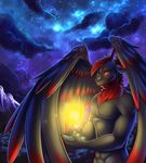  anthro detailed_background dragon feathered_dragon feathered_wings feathers hair male night nude red_eyes red_hair shariea sky solo standing star starry_sky wings 