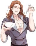  alternate_costume bowl brown_hair collarbone food_on_body granblue_fantasy holding male_focus parted_lips pectorals sexually_suggestive siegfried_(granblue_fantasy) siwomi solo spoon suggestive_fluid upper_body wavy_hair yellow_eyes 