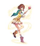  aqua_eyes bangs brown_hair capelet elbow_gloves eyebrows_visible_through_hair fire_emblem fire_emblem:_souen_no_kiseki fire_emblem_heroes full_body gloves highres holding looking_away mist_(fire_emblem) miwabe_sakura official_art open_mouth pleated_skirt shoes short_hair short_sleeves skirt smile socks solo staff transparent_background 