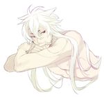  crossed_arms fingernails k29 kogitsunemaru long_hair looking_to_the_side lying male_focus nipples on_side pectorals sharp_fingernails shirtless short_eyebrows simple_background toned toned_male touken_ranbu upper_body white_hair 