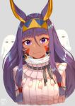  &lt;o&gt;_&lt;o&gt; absurdres alternate_costume animal_ears commentary_request dark_skin earrings eyebrows_visible_through_hair facial_mark fate/grand_order fate_(series) hairband highres hoop_earrings jackal_ears jewelry light_smile lips long_hair looking_at_viewer medjed mugcup nitocris_(fate/grand_order) purple_eyes purple_hair sidelocks signature sweater turtleneck turtleneck_sweater upper_body very_long_hair white_sweater 