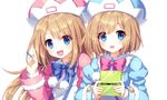  blue_eyes blush brown_hair handheld_game_console long_hair looking_at_viewer multiple_girls narinn neptune_(series) nintendo_3ds open_mouth ram_(choujigen_game_neptune) rom_(choujigen_game_neptune) short_hair siblings sisters smile twins 